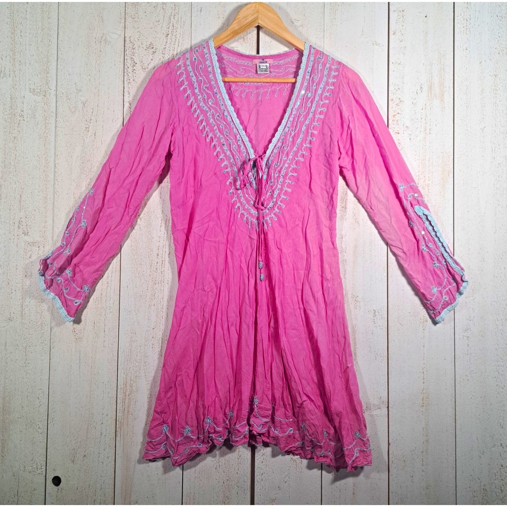 Fairycore Pink Embroidered Handmade Artisan V-Neck Tunic Top 3/4 Sleeve L Chach
